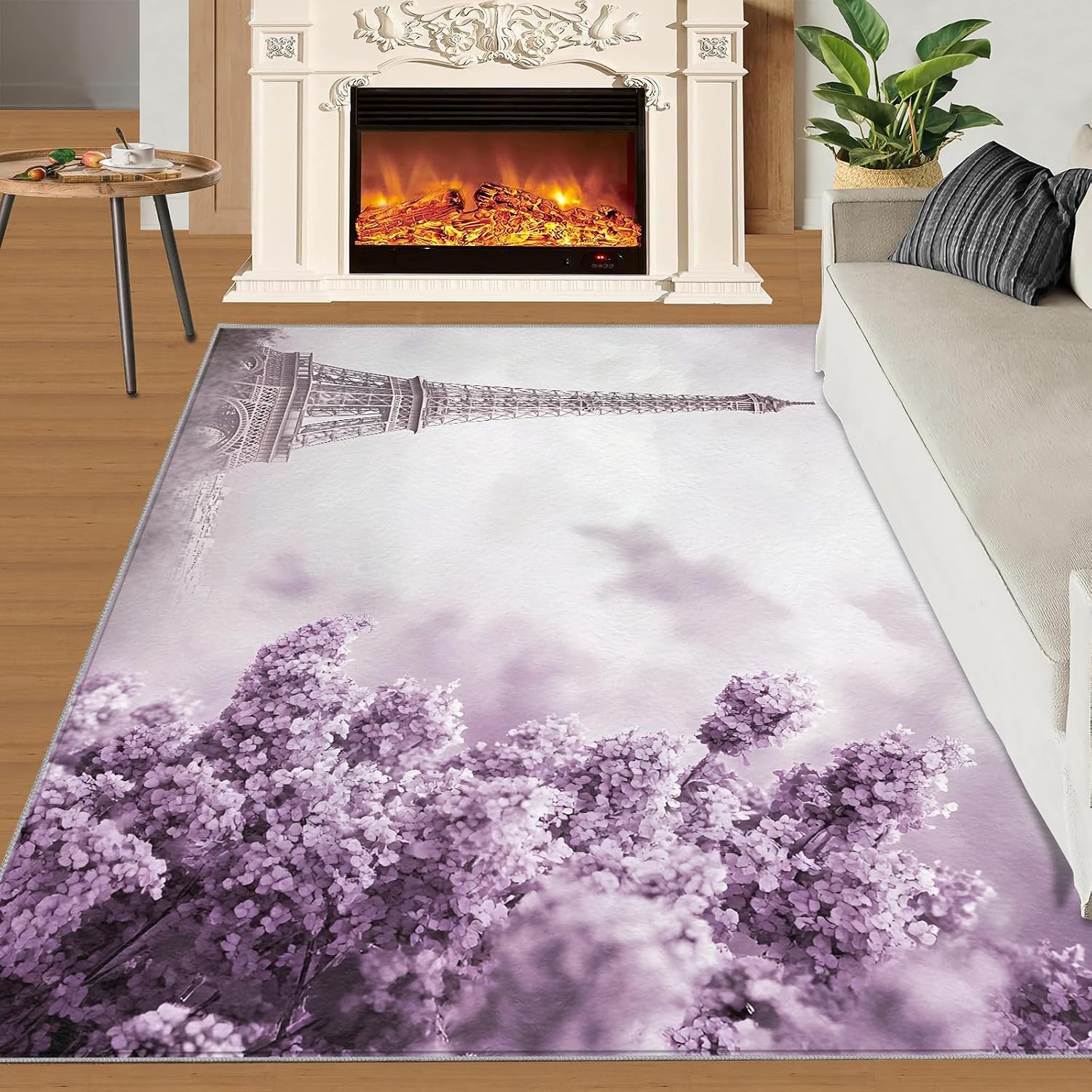 Eiffel Tower Rug 6x8, Parisian Style Rugs for Bedroom, Purple Flowers Rugs for Living Room, Washable Area Rug for Boys Girls Bedroom, Low Pile & Non Slip Carpet