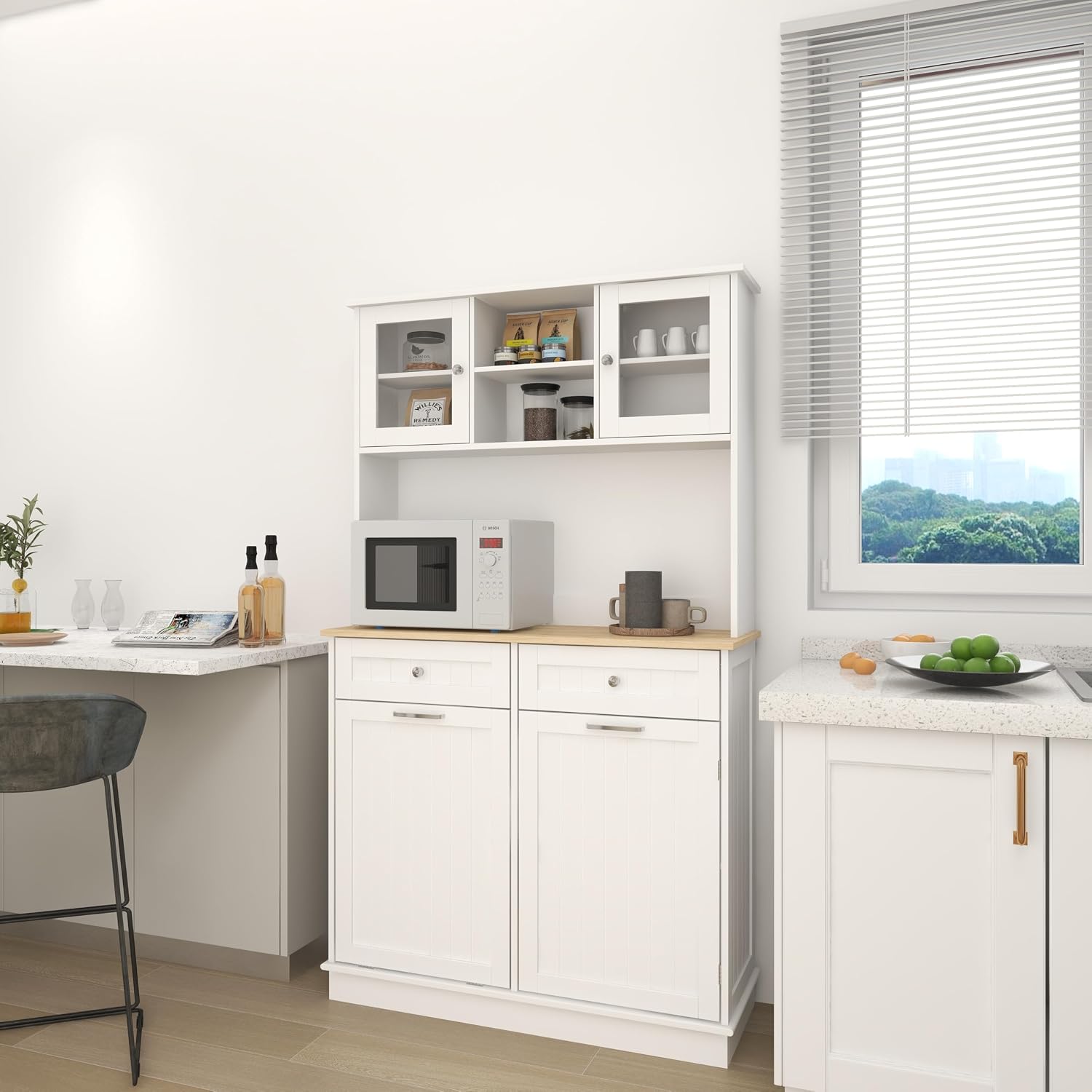 68' 3-Adjustable-Shelf Freestanding Storage Cabinet, Kitchen Storage Bakers Rack with Trash Cabinet, Utility Food Cupboard for Home, White