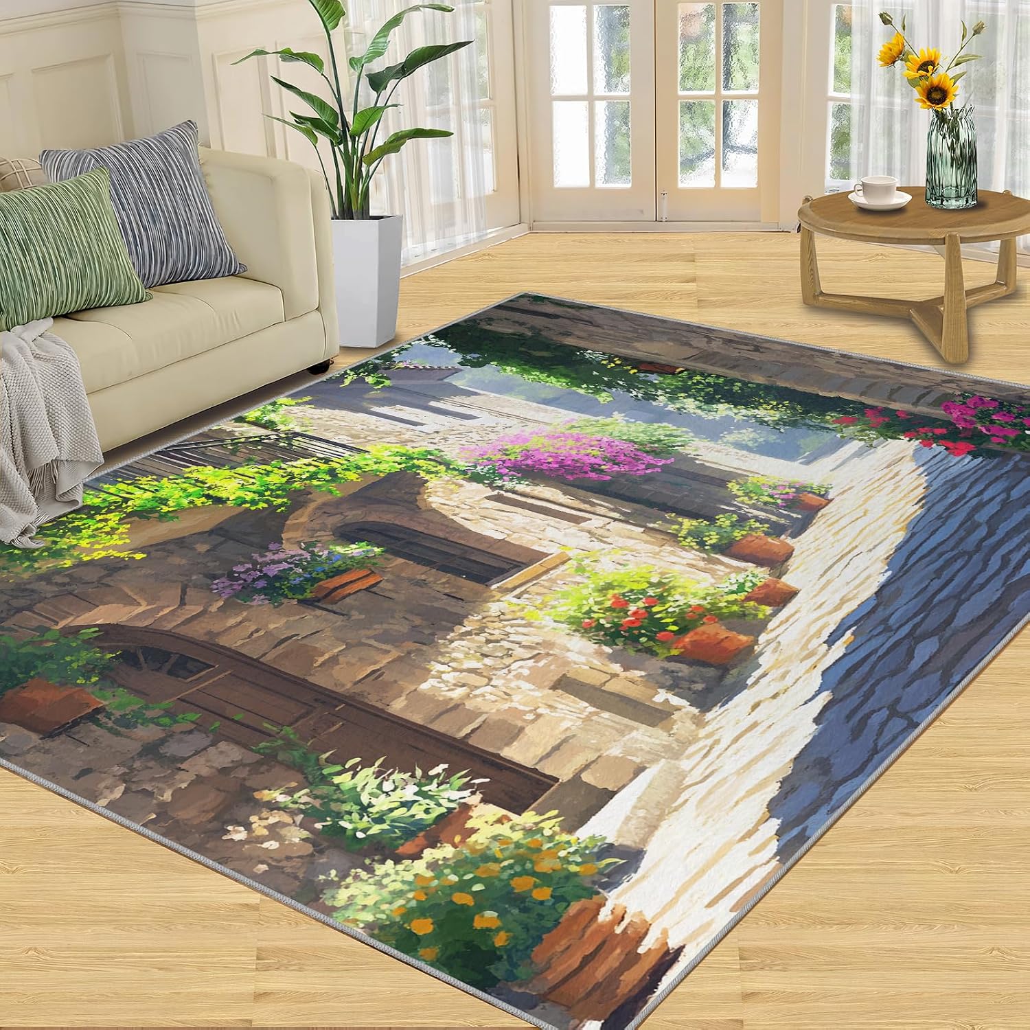 Tuscany Italy Rugs for Bedroom - 6x8 Rug, Italian Street Area Rugs for Living Room, Flowers Green Plants Carpet, Landscape Washable Area Mat, Italian Carpet, Italy Home Decor & Gifts