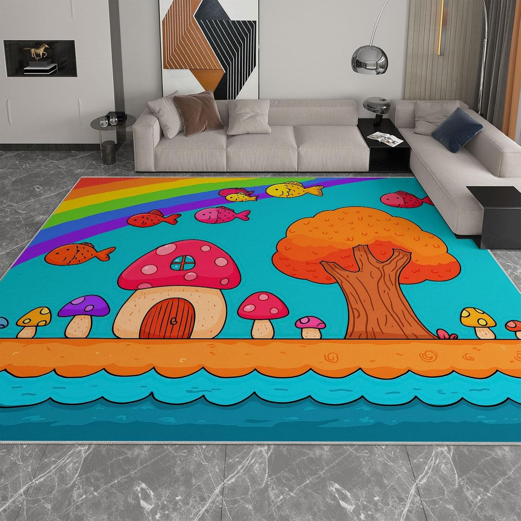 Cartoon Area Rug 5 x 7 ft for Living Room Bedroom, Ocean Animals Fish Rainbow Indoor Washable Kitchen Carpet Non-Slip Low-Pile Carpet Lightweight Rug for Dining Room Bathroom Door Mat