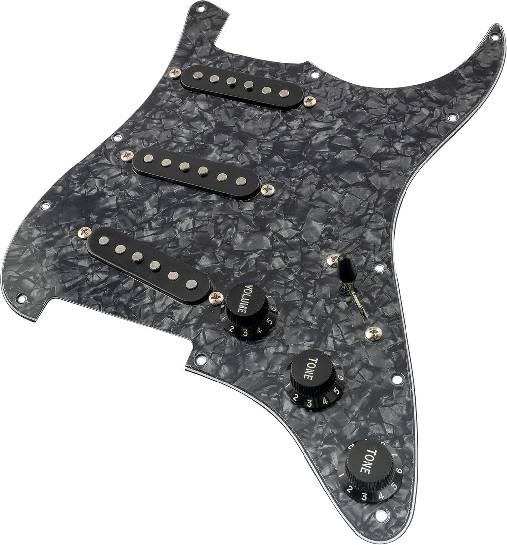 Musiclily Pro Pre-wired Standard SSS Pickguard with Artec Pickups Staggered Alnico 5 Magnet Single Coil Pickups for ST Style Electric Guitar, 4Ply Black Pearl