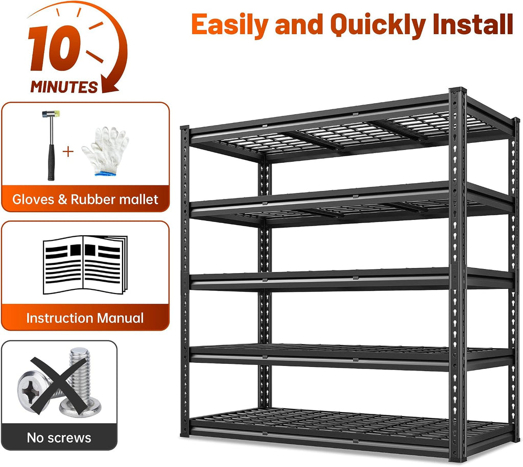 REIBII 48''W Garage Shelving,Adjustable Reinforcing Wire Mesh for Basement | 3000LBS Metal Shelving Unit, double-layer thickened metal support posts for Warehouse 5 Tier 48' W x 24' D x 72' H