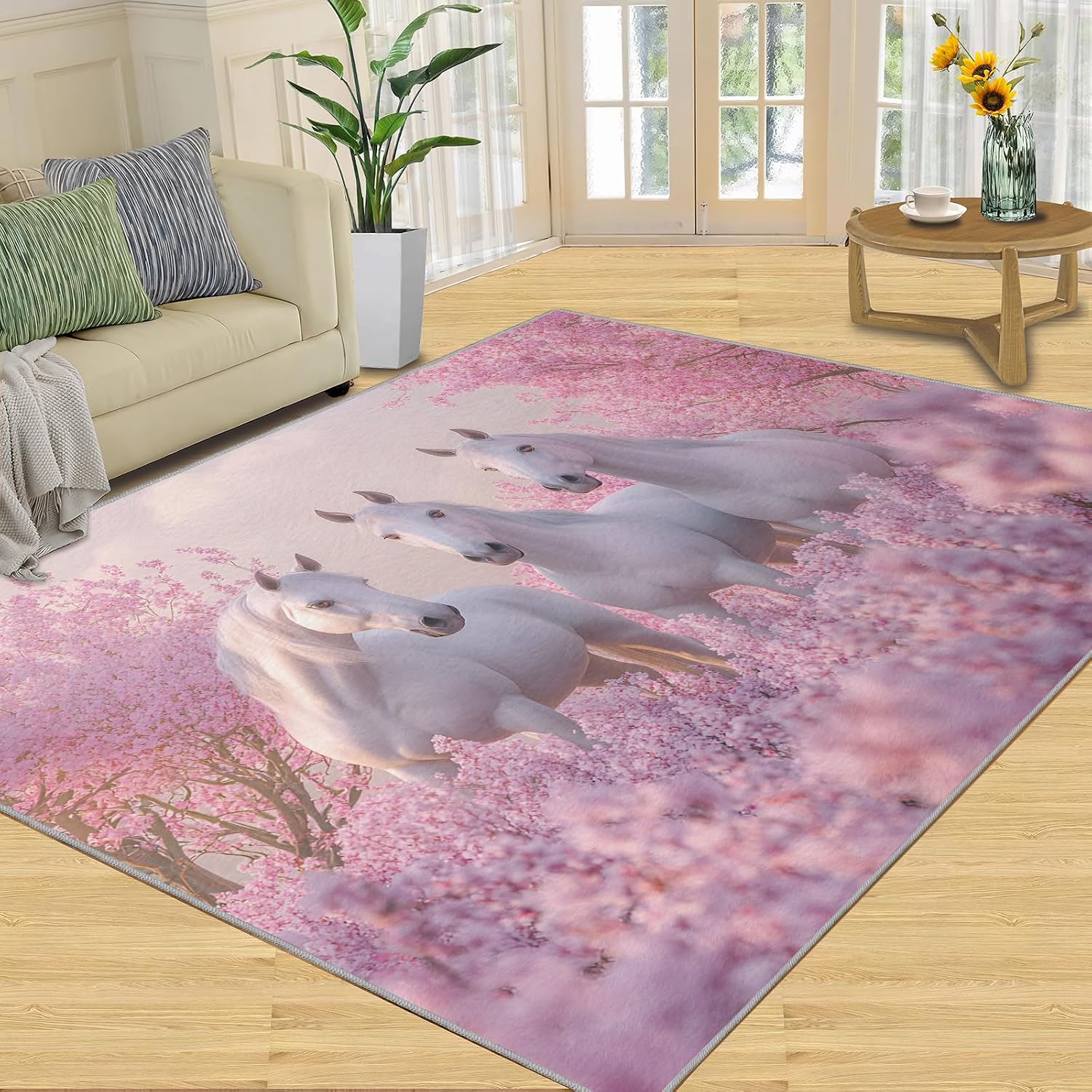Horses Rugs for Living Room 6x8 Rug, Pink Flowers Area Rug, Animals Rugs, Large Machine Washable Rug, Non-Slip Floor Carpet for Bedroom Kids Room Home Decor