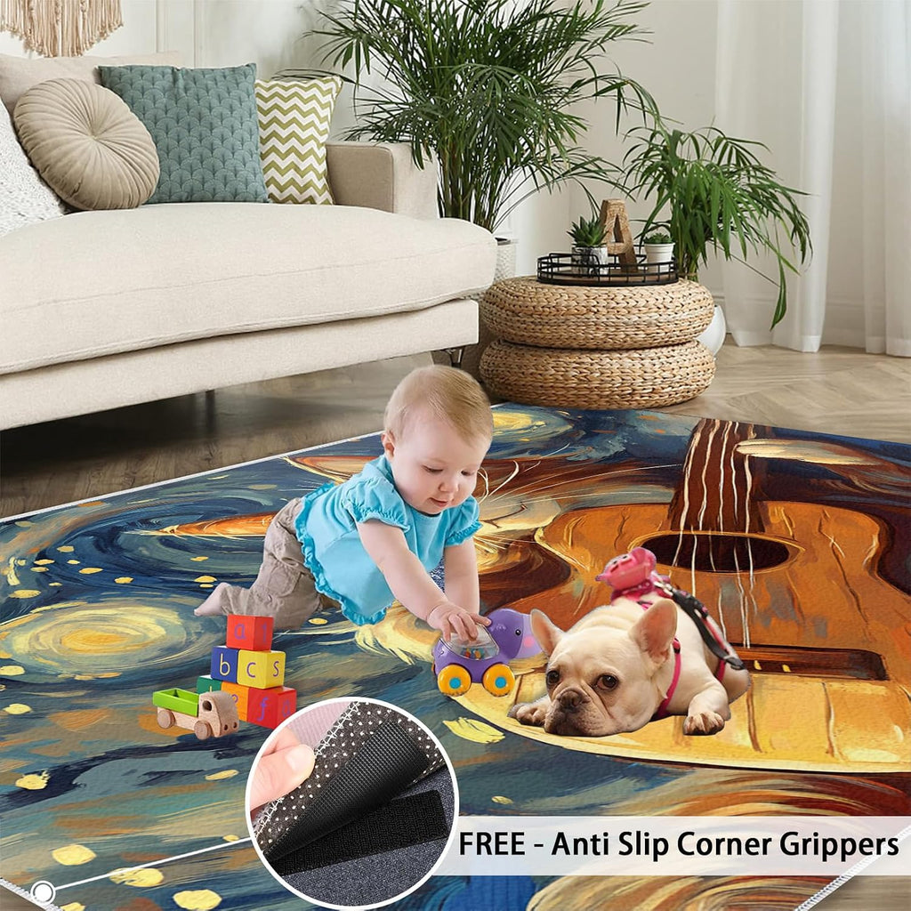 Starry Sky Cat Area Rug, Guitar Music Cat Rugs for Boys Room, Non Slip Kids Rug for Living Room Bedroom Study Office Decor Floor Mat 5.3x6.6