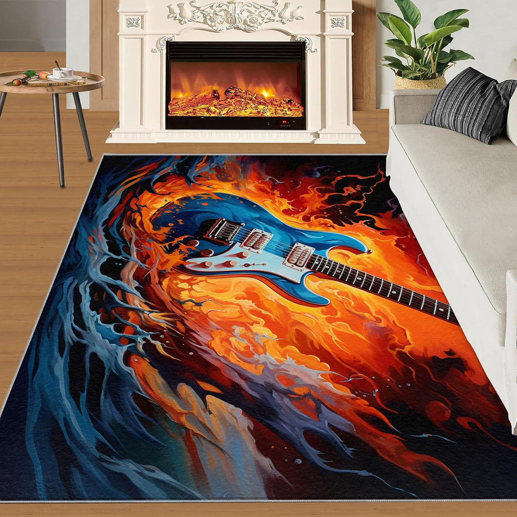 Guitar Rugs for Music Room - Boys Musical Rug, 6x8 Rug, Music Washable Rugs for Living Room Bedroom, Abstract Area Rug, Rock and Roll Carpet - Home Decor, Electric Guitars Gifts for Men