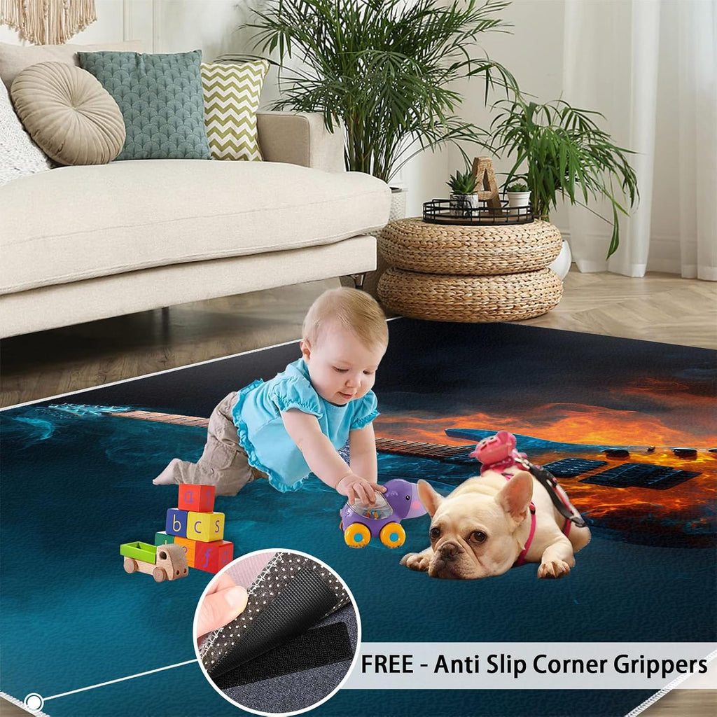 Guitar Rugs for Living Room, Musical Instrument Rug 7x10, Music Lover Area Rugs Washable & Non Slip Large Carpet for Home Decor