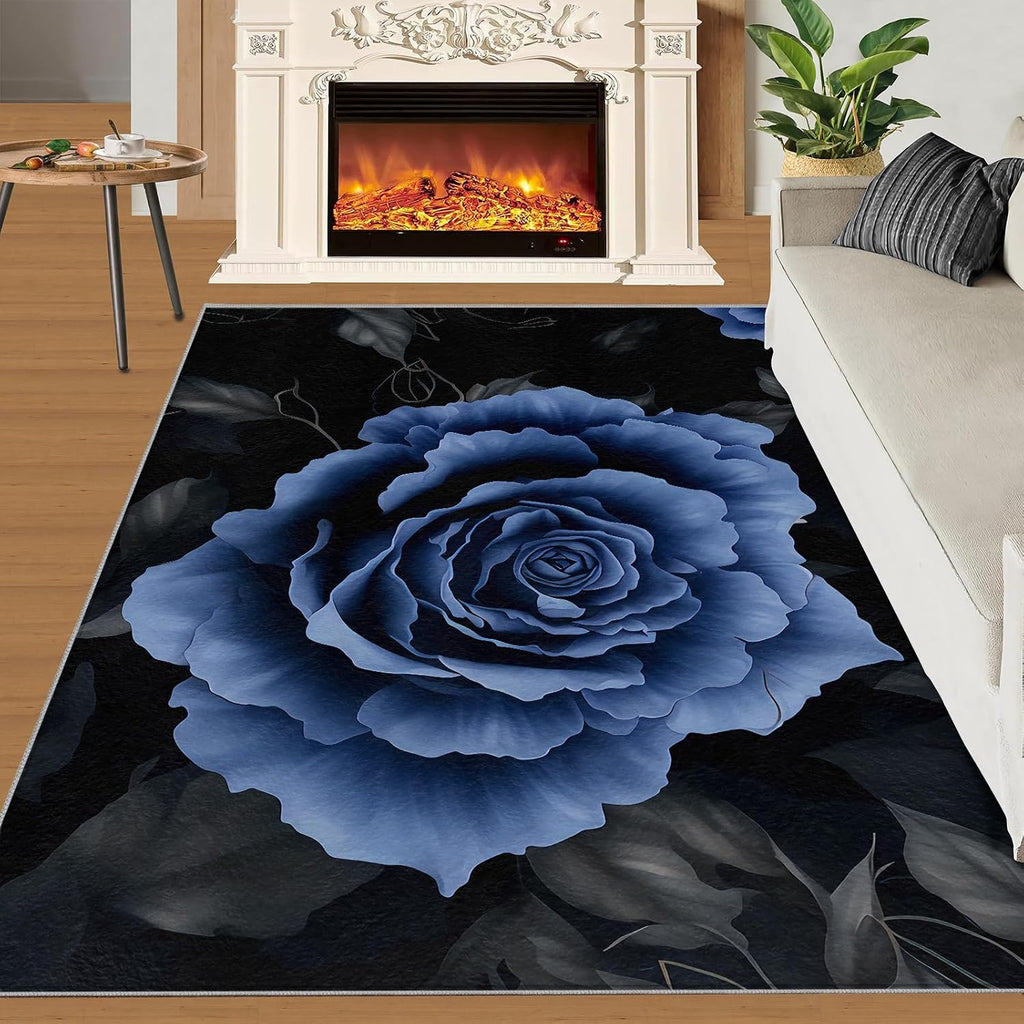 Dream Blue Roses Area Rug, Classical Black Leaves Rugs for Living Room, Indoor Non-Slip Kids Rugs, Machine Washable Breathable Durable Carpet for Front Entrance Floor Decor,6 x 8ft