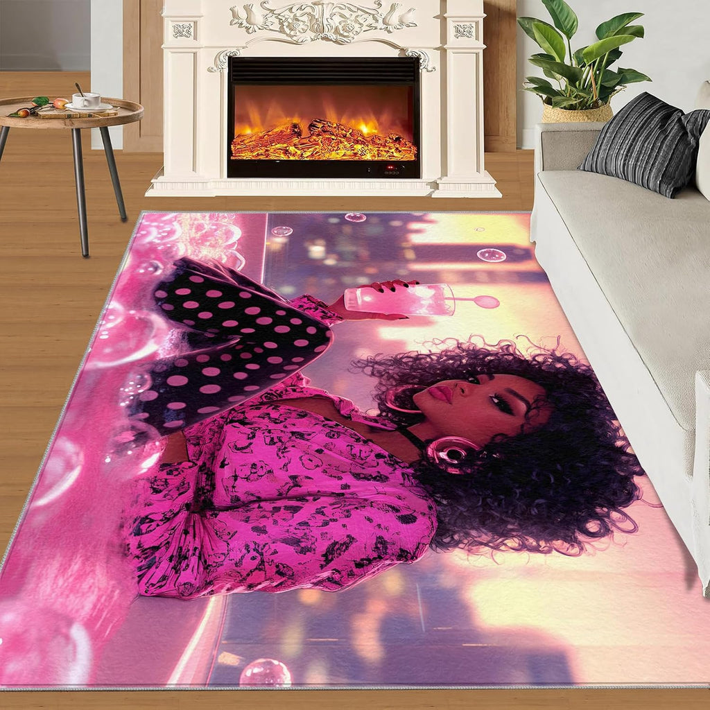 Fashion Girl Rug 6x8, Stylish Woman Area Rug, Bubble Bath Rugs for Living Room, Washable Rugs for Bedroom, Non Slip Low Pile Floor Mats
