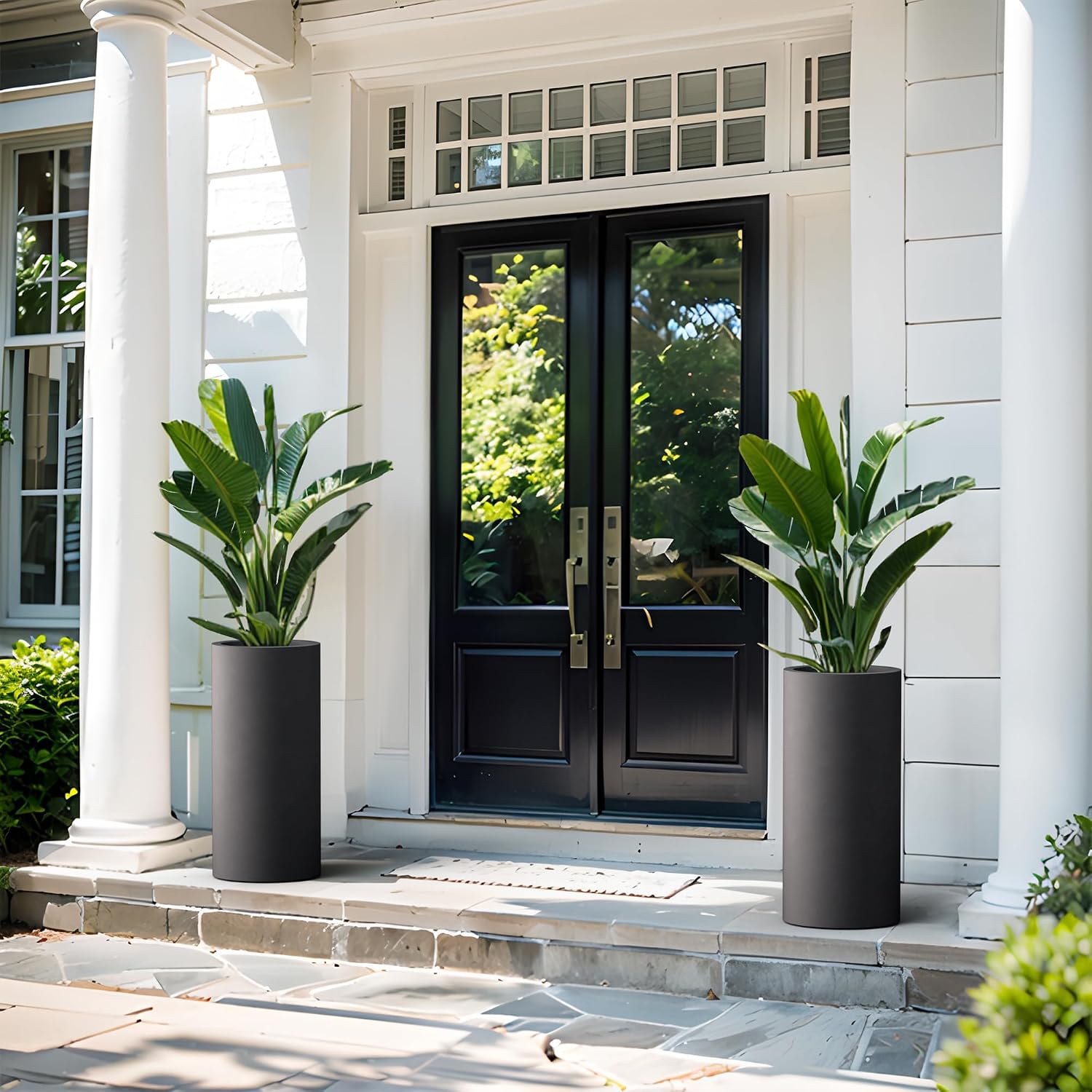 Kante 23.6 Inch Tall Cylindrical Planter, Large Round Plant Pots with Drainage Hole, Made with Concrete, Suitable for Indoor Outdoor Plants, Home Decor, Black