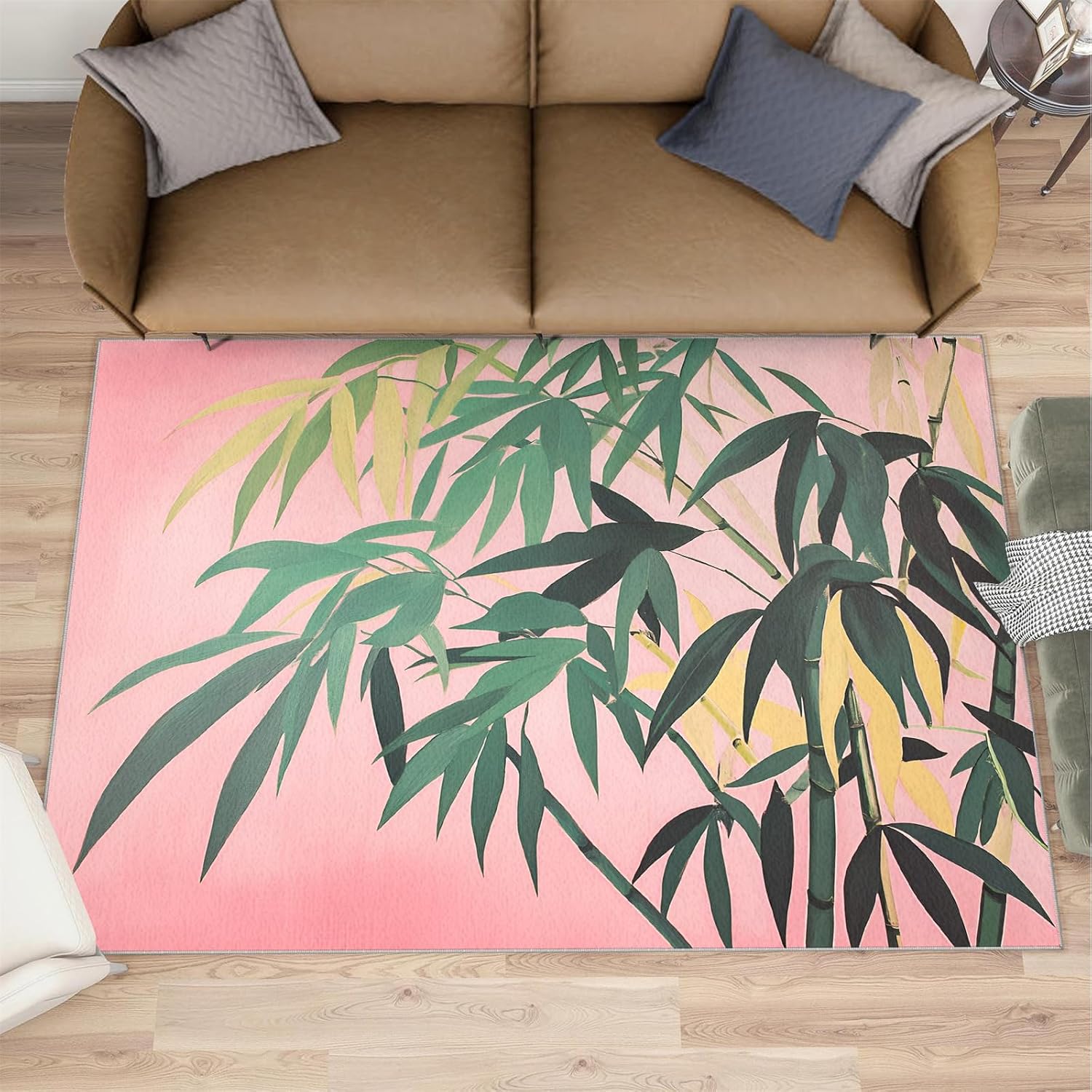 Green Bamboo Rug, Plants Rugs for Bedroom 6x8 Rug, Leaves Area Rug, Rugs for Living Room, Non Slip Washable Carpet for Kids Room Home Decor