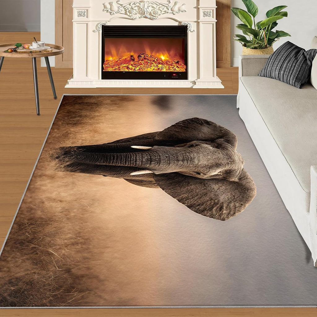 Elephant Rugs for Bedroom, African Elephant Rug 6x8, Savanna Animals Dining Room Rugs Washable & Non Slip Large Carpet for Home Decor