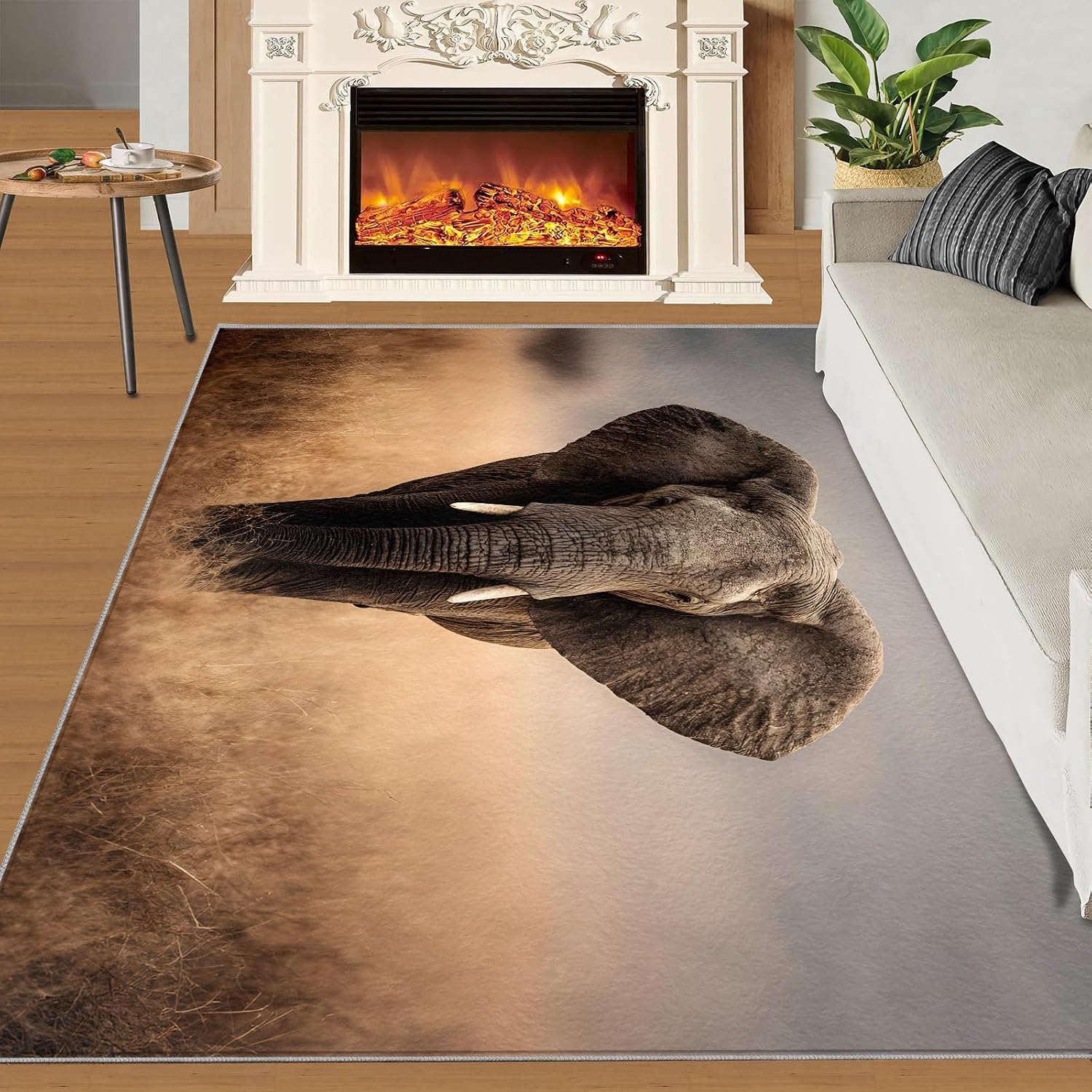 Elephant Rugs for Bedroom, African Elephant Rug 6x8, Savanna Animals Dining Room Rugs Washable & Non Slip Large Carpet for Home Decor
