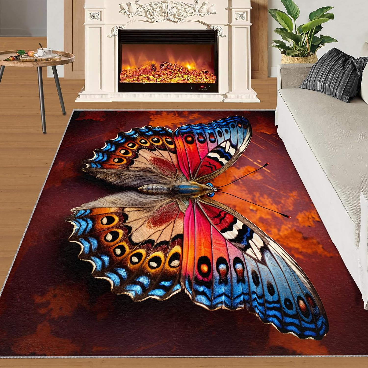6x8 Rug Butterfly Boho Area Rugs, Retro Colorful Butterfly Soft Washable Carpet, Upholstery Rug with Non-Slip Backing for Kids Boys Girls Bedroom Living Room Dining Room Study