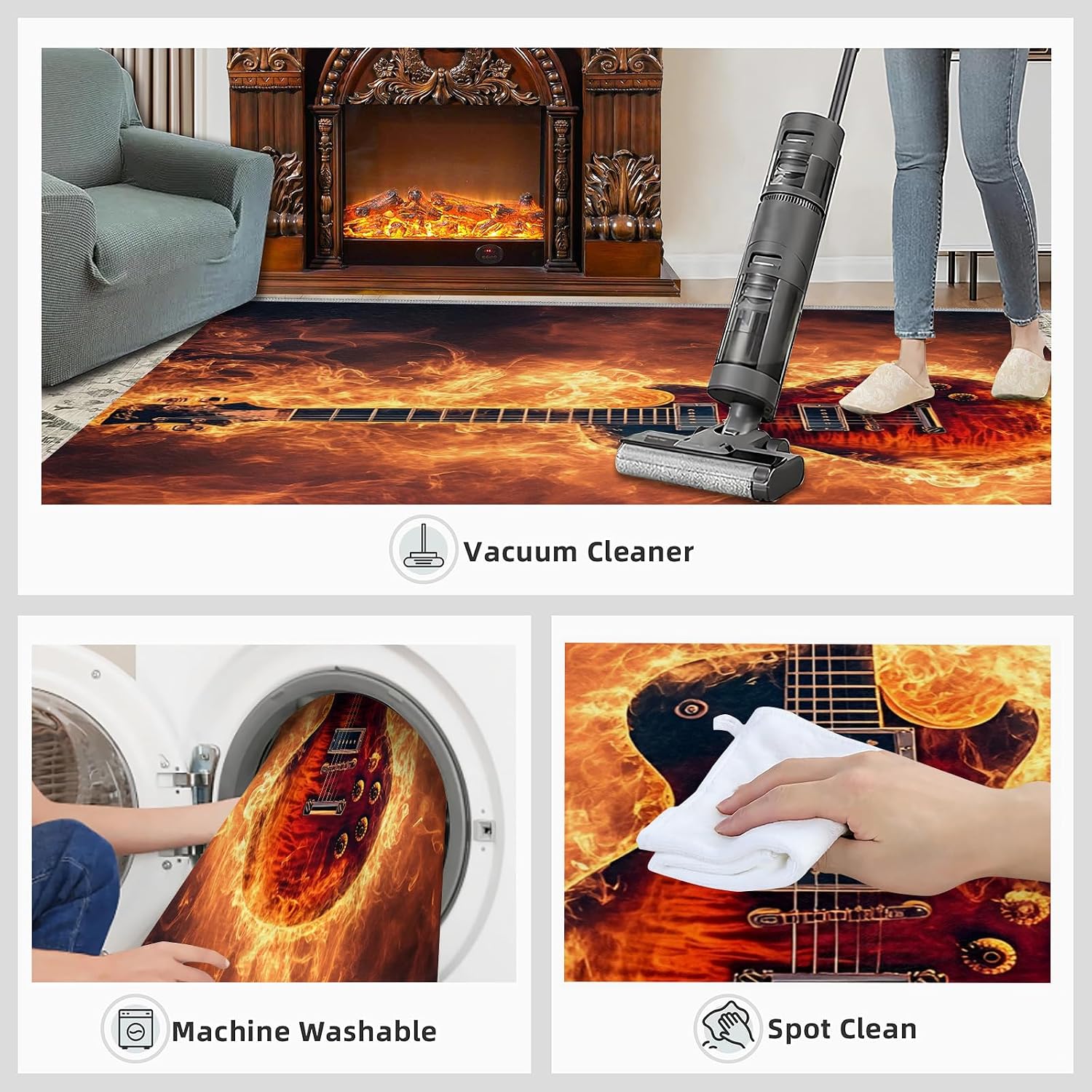 Flame Guitar Rug - Large Rug 5x6 - Electric Guitar Rugs for Living Room - Soft & Non Slip & Washable Rugs for Bedroom, Instrument Carpets for Dining Room Lounge Girls Room