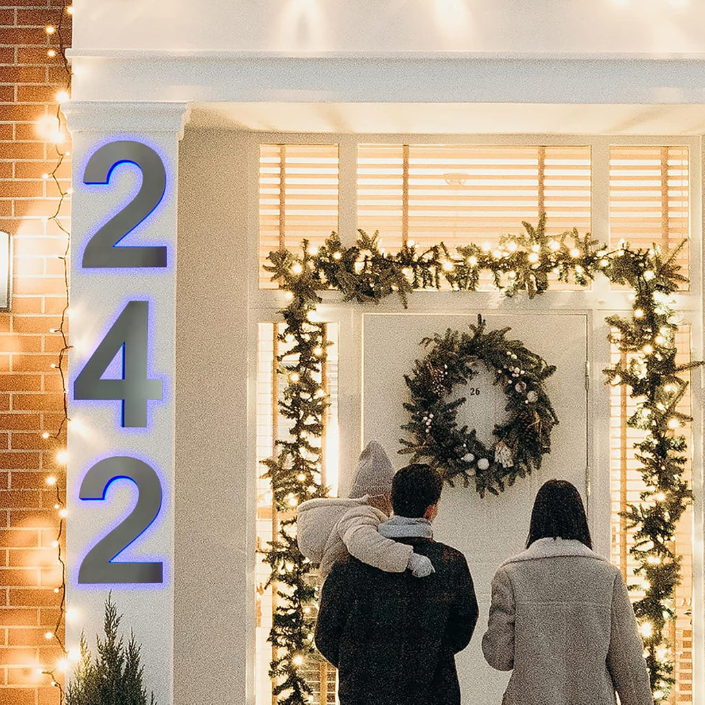 Steel Illuminated Address Number Sign - 16 Inch Backlit LED House Numbers For Wall - Modern Lighted House Number For Outside With Floating Style,8
