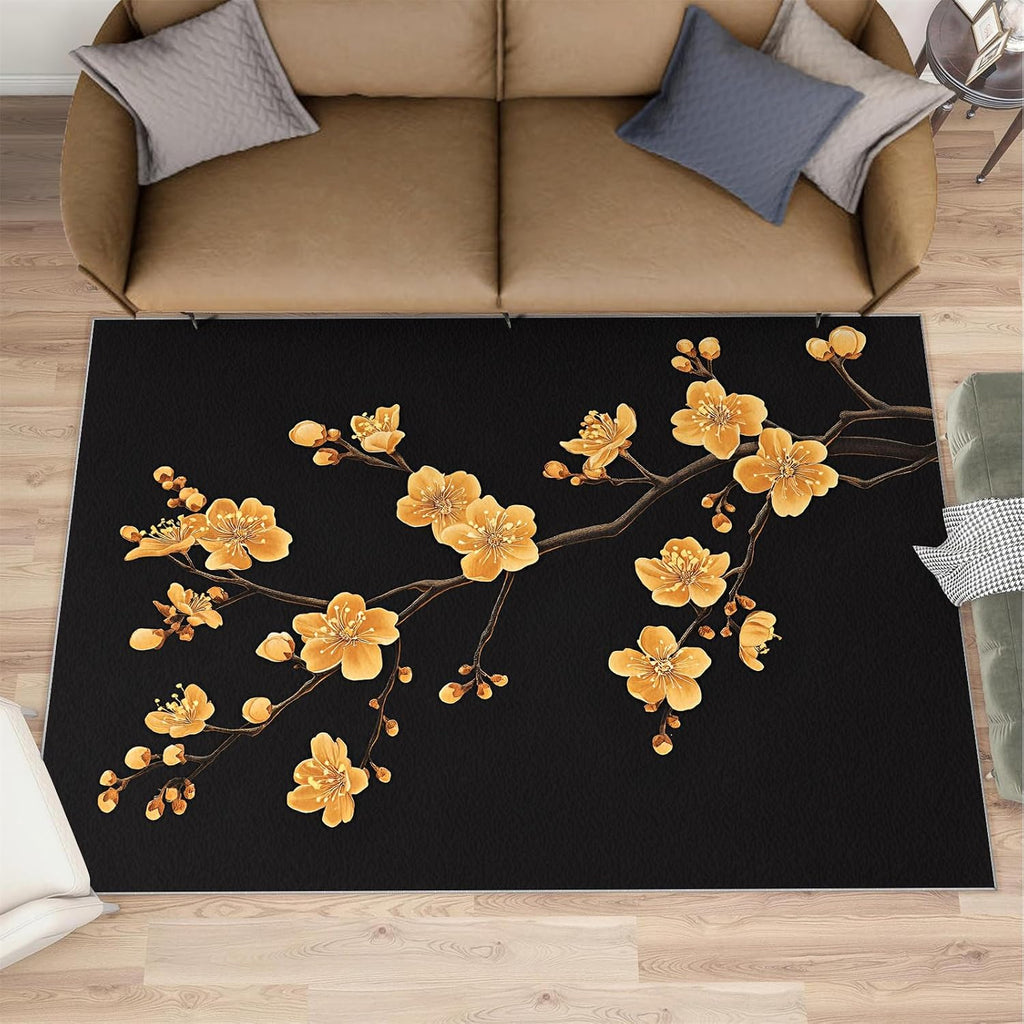 Golden Flowers Rug 6x8, Luxury Flowers Rugs for Living Room, Oriental Art Area Rug, Non Slip Washable Rugs for Bedroom Kitchen Dining Room Decor Carpet