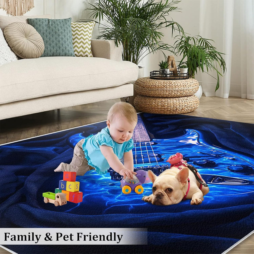 Guitar Rugs for Music Room - Boys Musical Rug, 6x8 Rug, Music Washable Rugs for Living Room Bedroom, Blue Area Rug, Rock and Roll Carpet - Home Decor, Electric Guitars Gifts for Men
