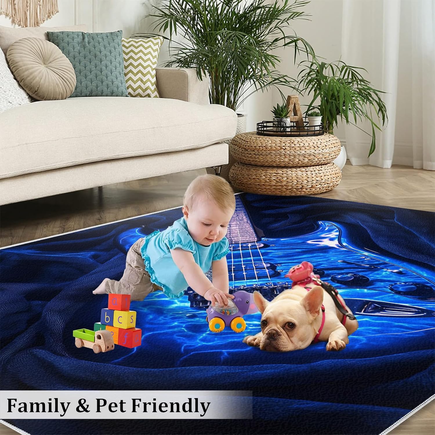 Guitar Rugs for Music Room - Boys Musical Rug, 6x8 Rug, Music Washable Rugs for Living Room Bedroom, Blue Area Rug, Rock and Roll Carpet - Home Decor, Electric Guitars Gifts for Men