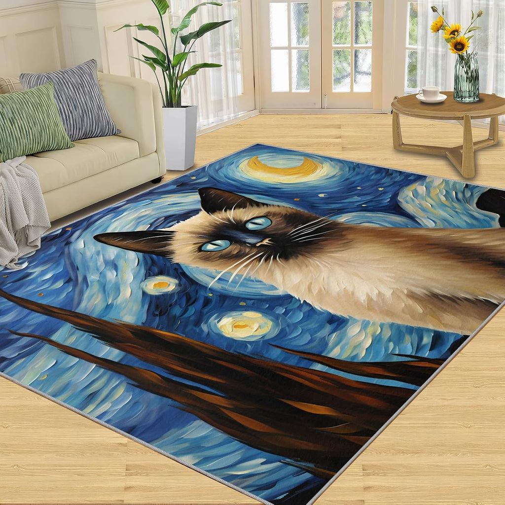 6x8 Area Rug - Starry Sky Siamese Cat Large Rugs for Living Room, Post-Impressionist Art Painting Carpet Area Rug for Girls Bedroom Kids Room Basement Office Classroom