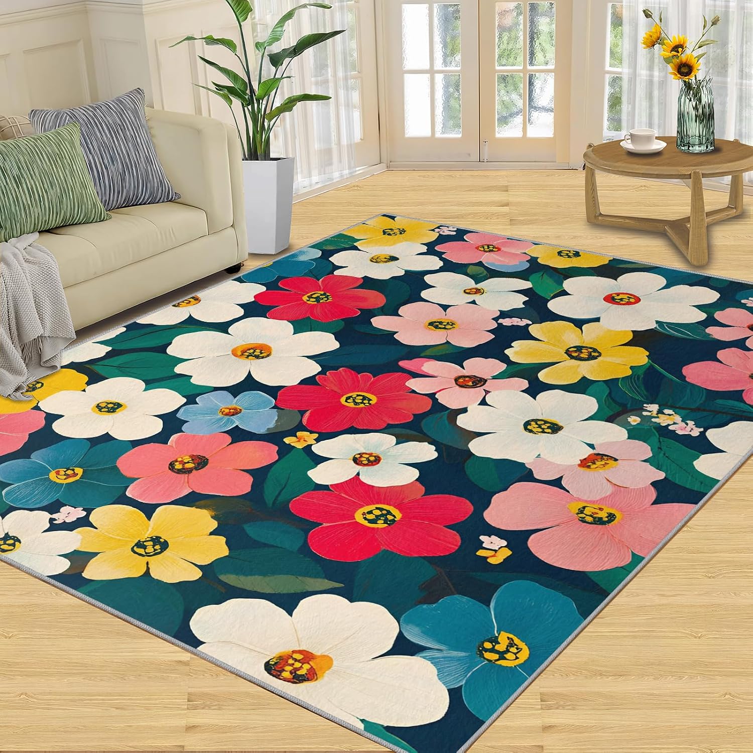 6x8 Florals Area Rug - Colorful Florals Large Rugs for Living Room, Flower Carpet Area Rug for Girls Bedroom Kids Room Basement Office Classroom