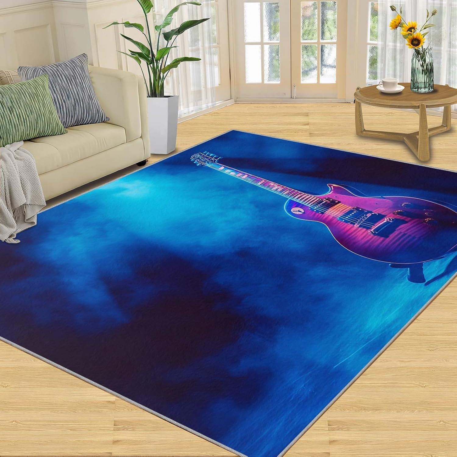 Guitar Rug 8x10, Music Area Rugs for Bedroom, Guitar Rugs for Boys Room, Low Pile Non Slip Carpet for Computer Game Room Dormitory