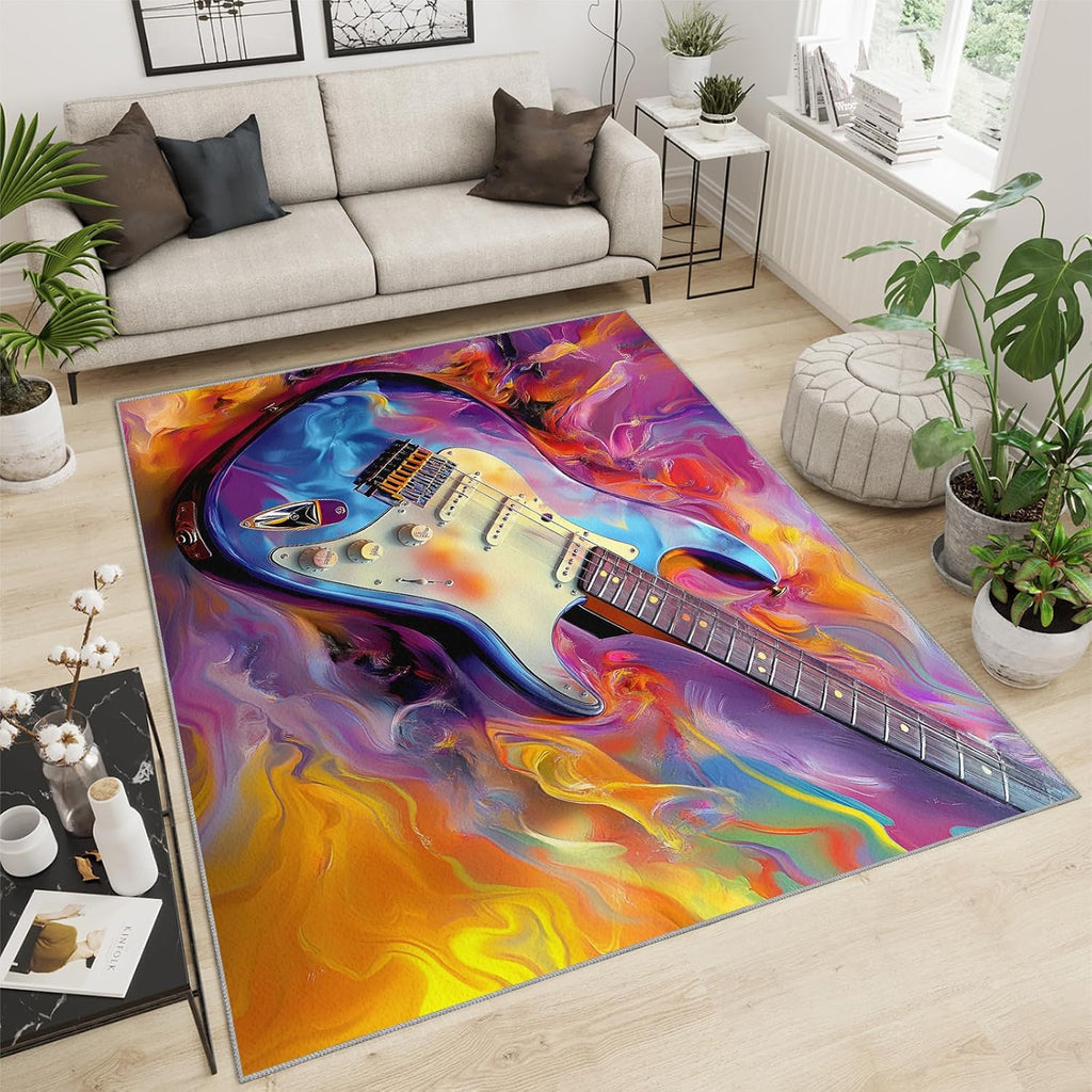 Guitar Rugs for Music Room - Music Rug, 6x8 Rug, Boys Musical Washable Rugs for Living Room Bedroom, Colorful Abstract Area Rug, Rock and Roll Carpet - Home Decor, Electric Guitars Gifts for Men