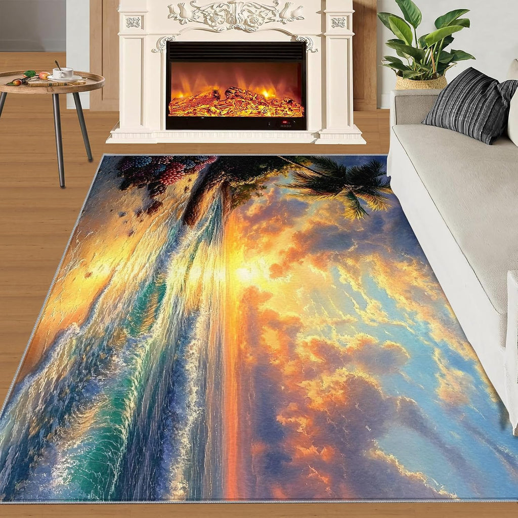 Beach Rug 6x8, Scenery Rugs for Living Room, Oil Painting Beach Area Rug, Washable Rugs for Bedroom, Kitchen Dining Room Decor Carpet