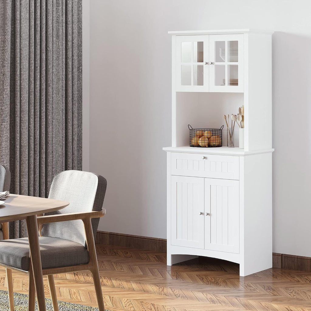 64' Anti-tip Freestanding Storage Cabinet, Kitchen Storage Bakers Rack with Adjustable Shelves, Utility Food Cupboard with Glass Door for Kitchen Dining Living Rooms, White