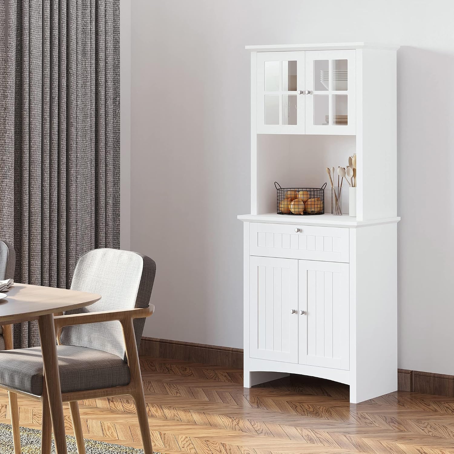 64' Anti-tip Freestanding Storage Cabinet, Kitchen Storage Bakers Rack with Adjustable Shelves, Utility Food Cupboard with Glass Door for Kitchen Dining Living Rooms, White