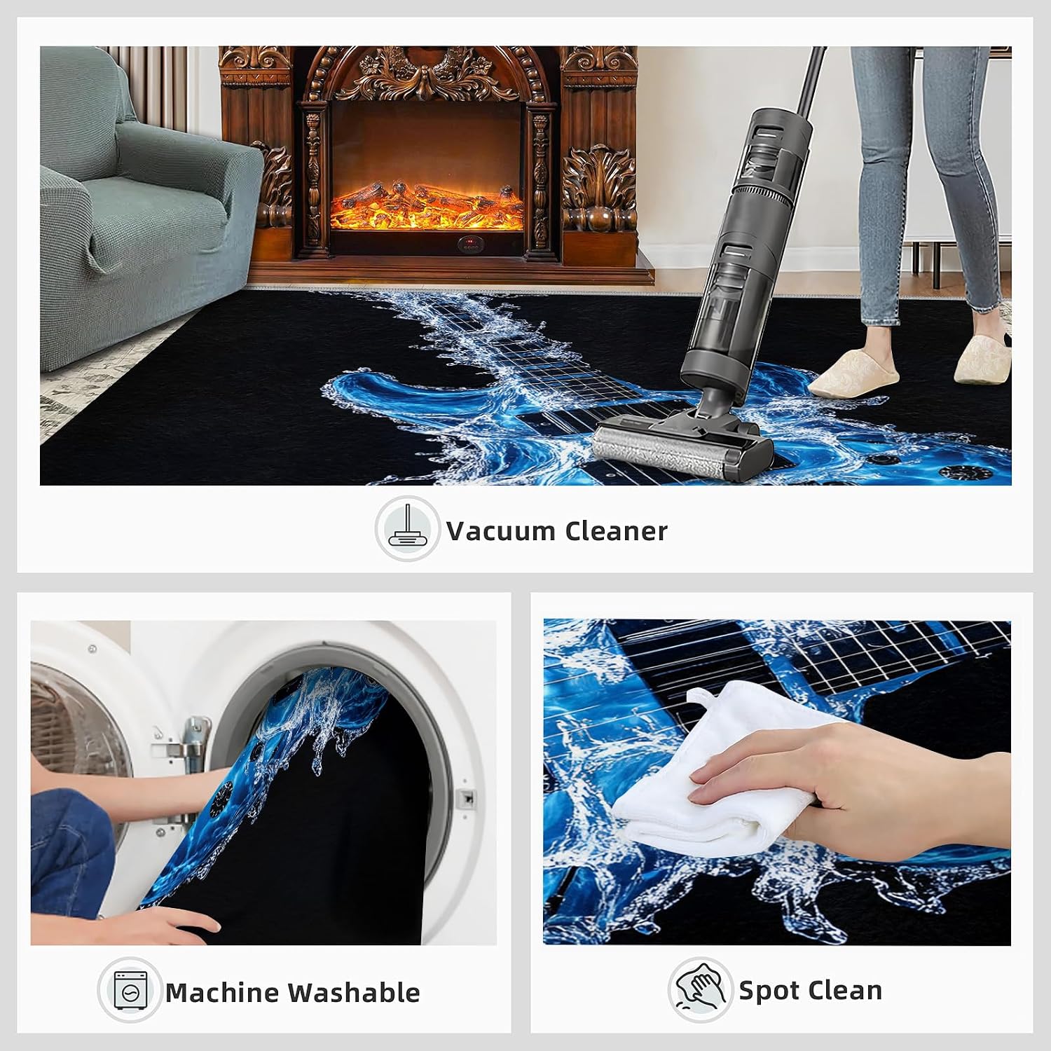 Electric Guitar Rugs for Music Room - 6x8 Rug, Music Area Rugs for Bedroom, Americana Guitars Rugs, Blue Guitars Washable Carpet for Nursery, Musical Carpet, Guitar Home Decor