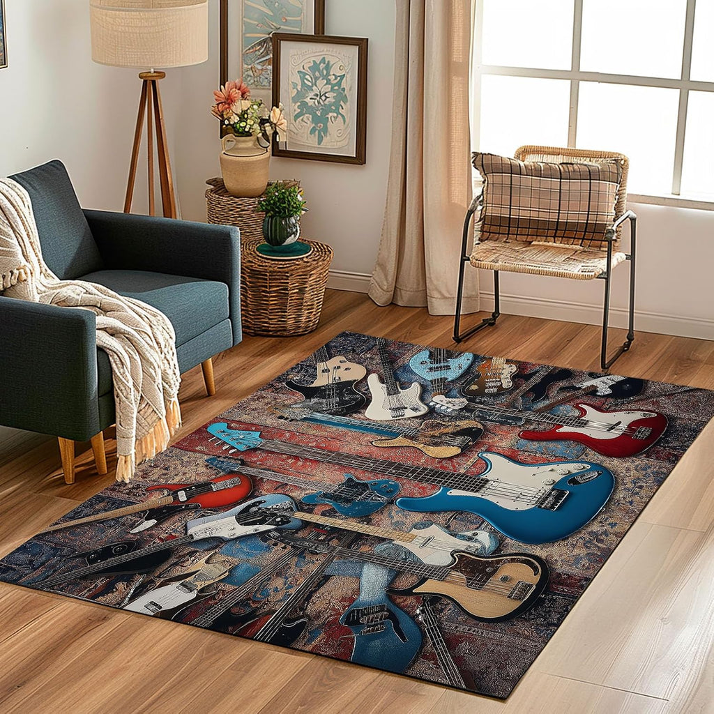 Guitar Art Motif Washable Area Carpet 5x6ft Abstract Color Blocks Living Room Rugs Non-Slip Rugs Navy Blue Bedroom Rug Decorative Carpet, for Dining Room Dormitory Washable Rug
