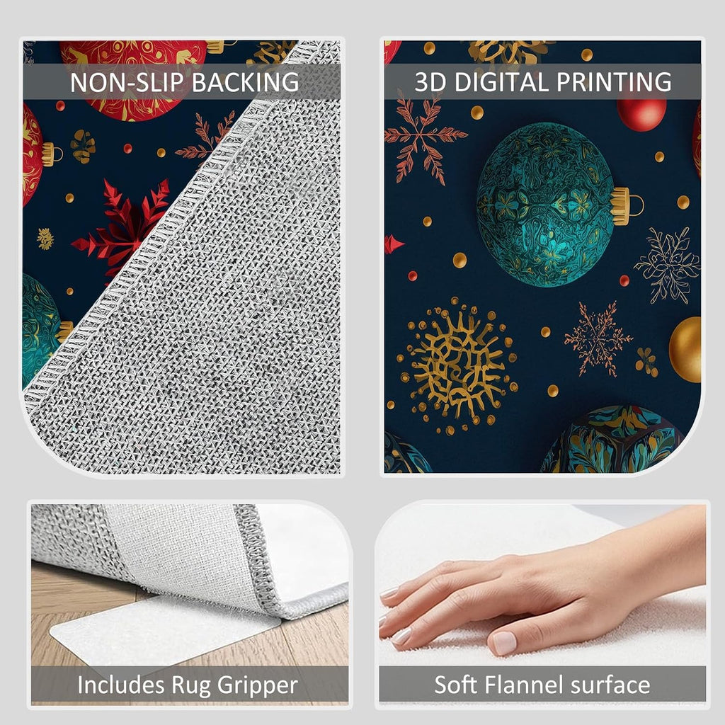 Christmas Snowflakes Lights Balls Print Area Rug 5 x 7 ft Washable, Dark Blue Non-Slip Floor Mat - Soft Low-Plie Faux Wool Carpet for Bedroom Living Room Kitchen Entryway Pet Friendly Rug