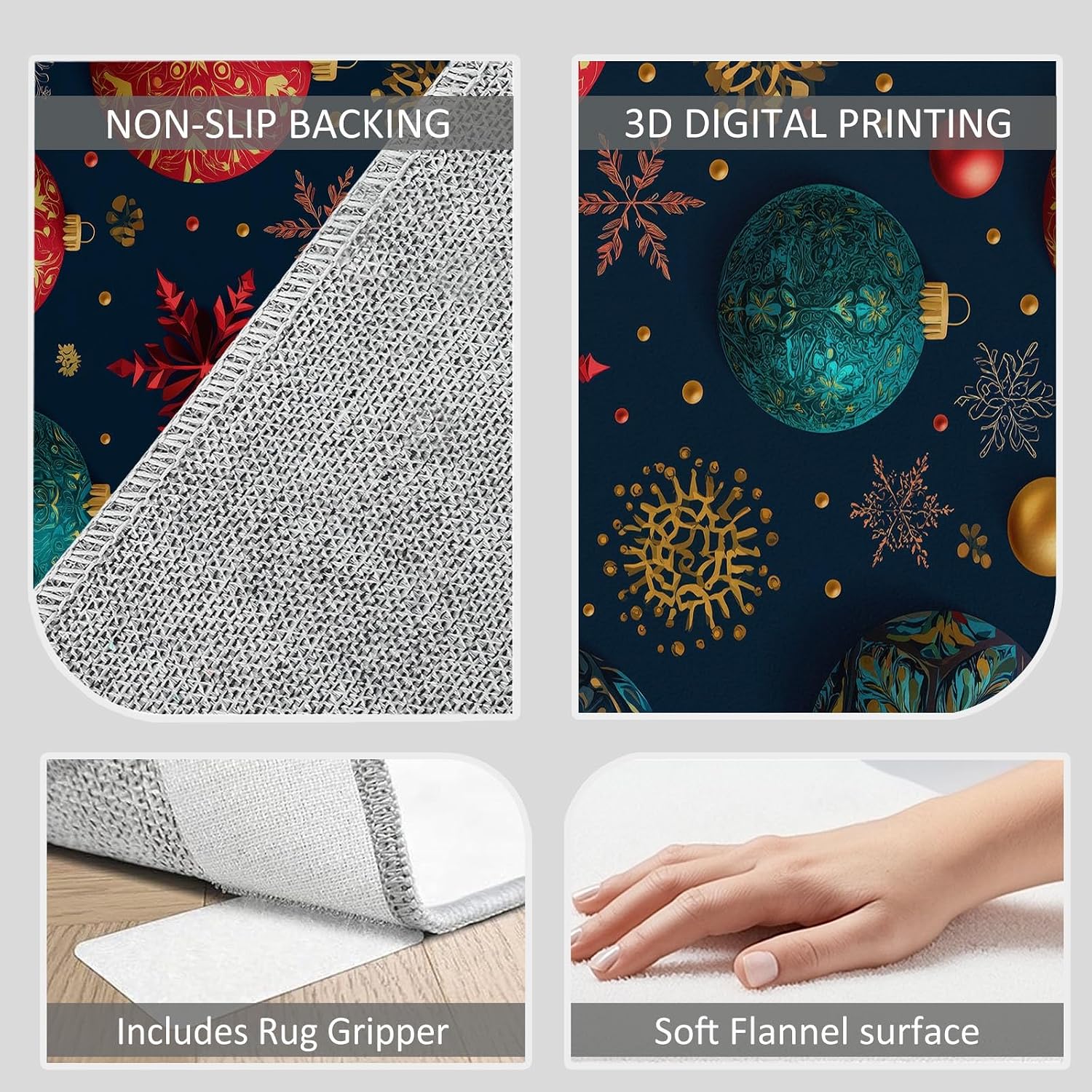 Christmas Snowflakes Lights Balls Print Area Rug 5 x 7 ft Washable, Dark Blue Non-Slip Floor Mat - Soft Low-Plie Faux Wool Carpet for Bedroom Living Room Kitchen Entryway Pet Friendly Rug