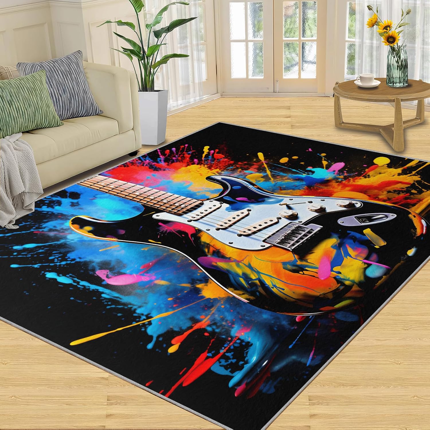 Music Guitar Rug for Bedroom - Music Area Rug - Guitar Lover Rugs for Living Room, Non-Slip Low Pile Carpet for Classroom Recording Studio Band 6x8ft