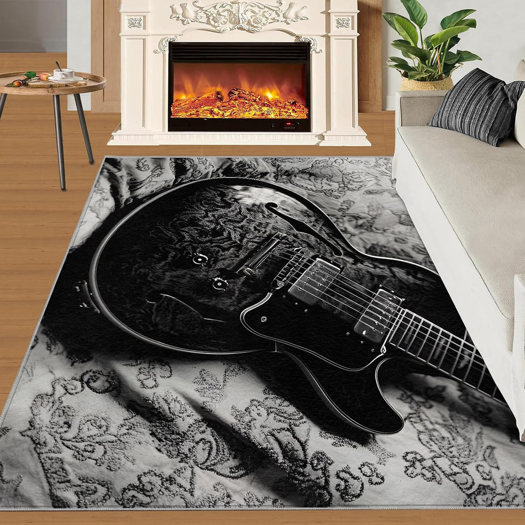 Guitar Rug - 6x8 Rugs for Bedroom, Music Area Rug, Grey Guitar Washable Rugs for Living Room, Non Slip Soft Rock and Roll Indoor Carpet - Home Decor, Music Lover Gifts for Boys
