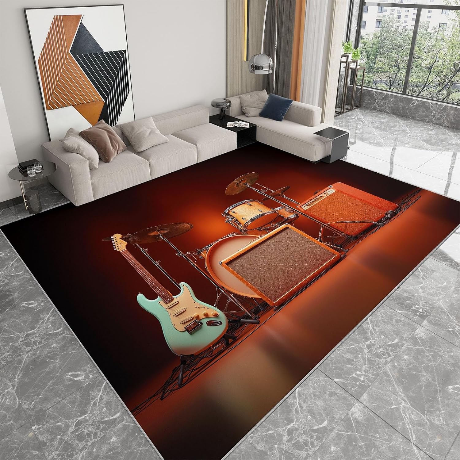Area Rug Living Room Rugs 5x7 ft Guitar and Drum Set Ultra Soft Washable Area Rug, Indoor Non-Slip Carpet for Nursery Kids Girls Boys Teen Dorm Home Office Decor