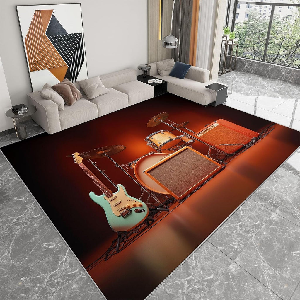 Area Rugs for Living Room 6x8 ft Guitar and Drum Set Washable Area Rug Modern Non-Slip Indoor Floor Carpet for Bedroom, Farmhouse, Dining Room, Kids Playroom, Home Office