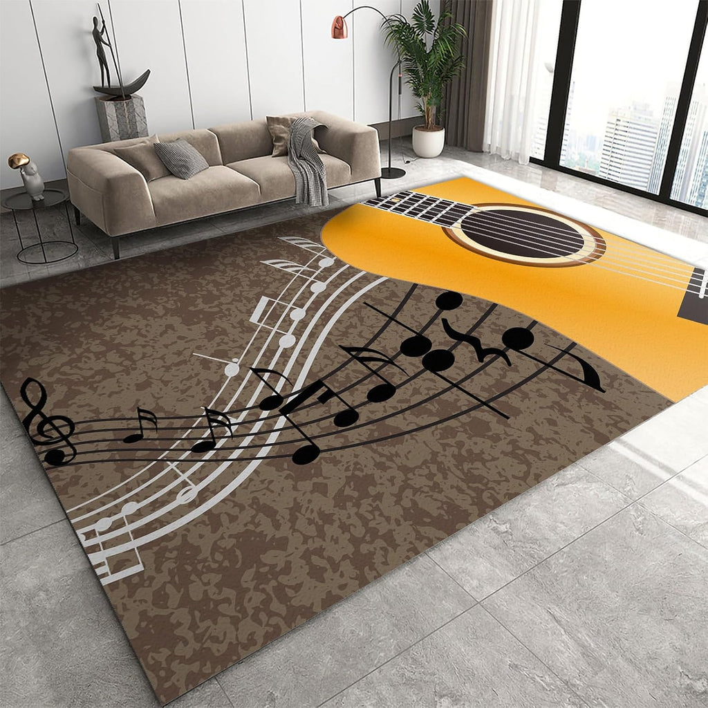Yellow Hip-Hop Rock Music Guitar Area Rug, Black White Musical Notes Grunge Style Indoor Non-Slip Kids Rugs, Machine Washable Breathable Durable Carpet for Front Entrance Floor Decor,6 x 9ft