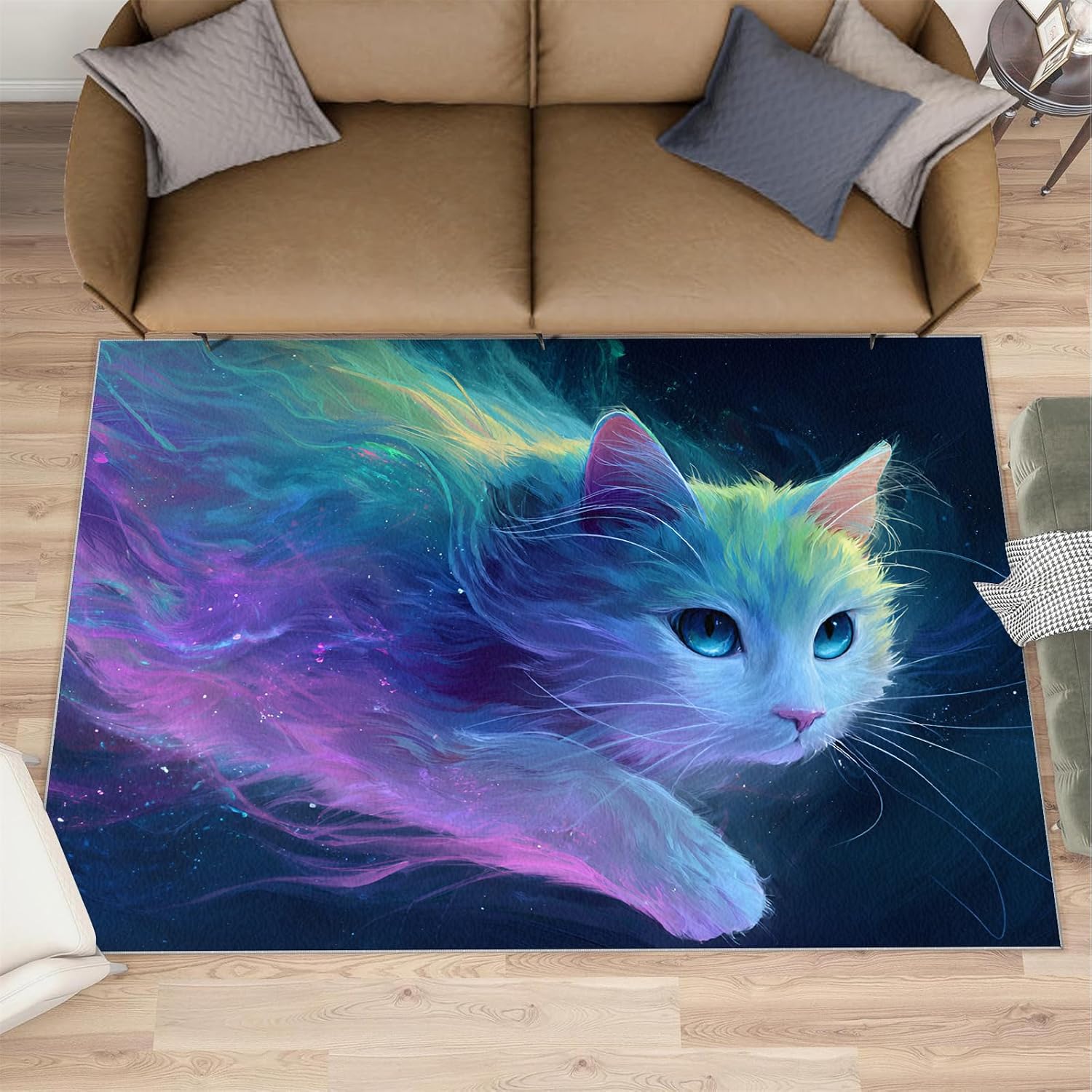 Cat Rugs for Bedroom, Fantasy Cat Rug 6x8, Animals Dining Room Rugs Washable & Non Slip Large Carpet for Home Decor