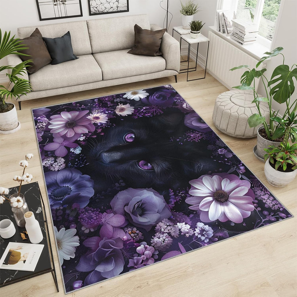 Black Cat Rug for Kids Room - 6x8 Large Rug, 3D Purple Eyes Cat Kitten Rugs for Bedroom Beautiful Flower Area Rugs for Living Room Home Decor Washable Rug