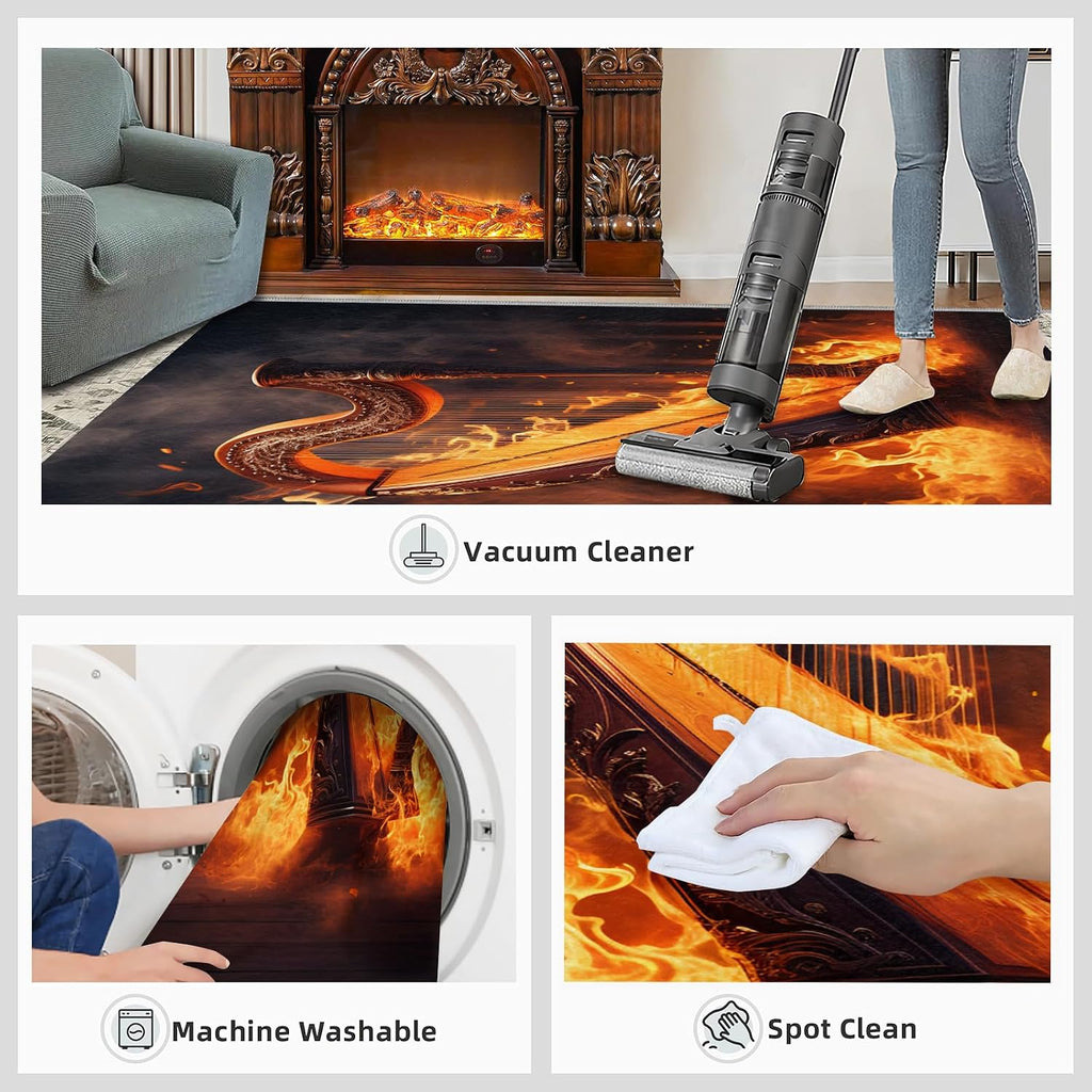 Harp Rug, 6x8 Area Rug, Flame Harp Rugs for Indoor, Golden Burning Instrument Rugs for Kids Bedroom, Notes Guitar Carpet, Crazy Music Washable Rugs for Living Dining Room