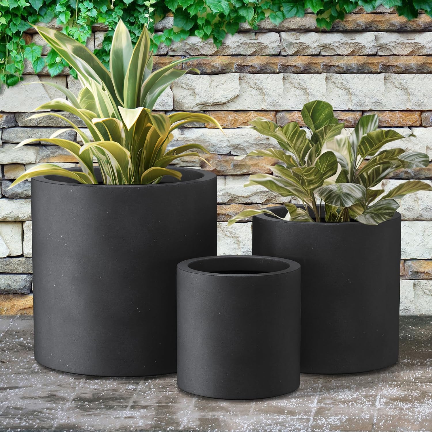 Kante Set of 3 Black Concrete Planters, Graduated Cylinders 9.8' to 15.7' Tall – Lightweight Round Pots with Drainage Hole & Rubber Plug, Modern Nesting Containers for Indoor Outdoor, Home Patio