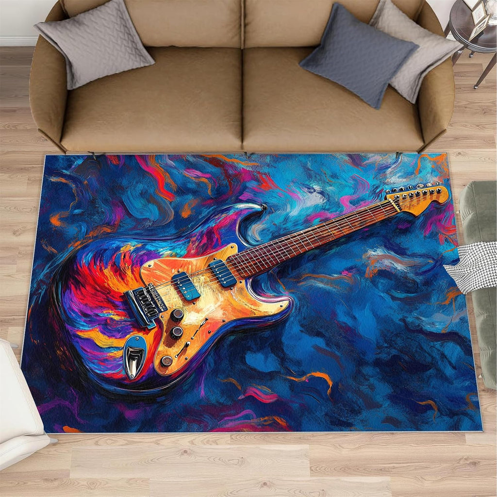 Electric Guitar Rugs for Bedroom, Rock Guitar Rug 6x8, Colorful Music Dining Room Rugs Washable & Non Slip Large Carpet for Home Decor