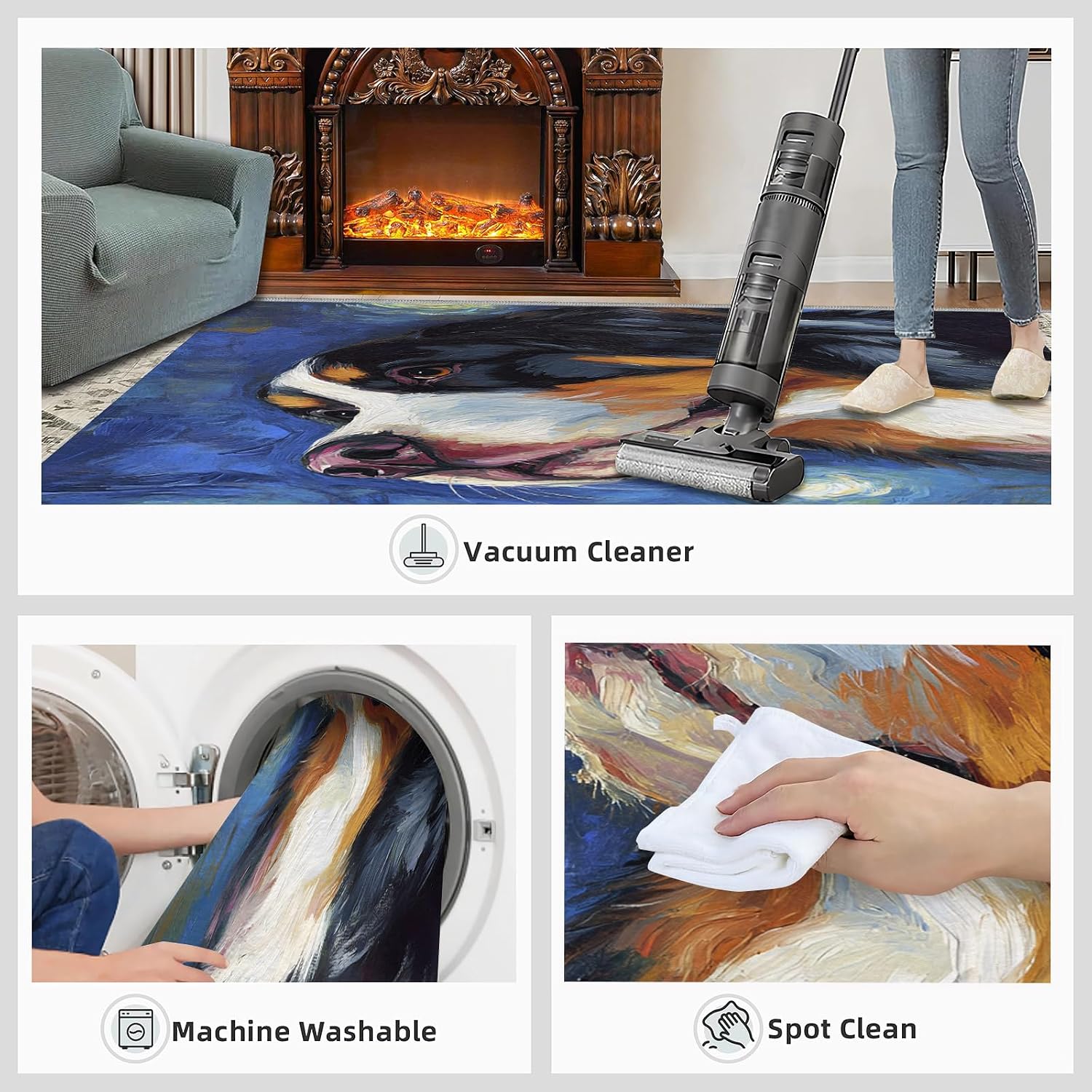 Dog Area Rug 6x8, Starry Sky Dog Rugs for Bedroom, Oil Painting Animals Rugs for Boys Room, Low Pile Non Slip Carpet for Computer Game Room Dormitory