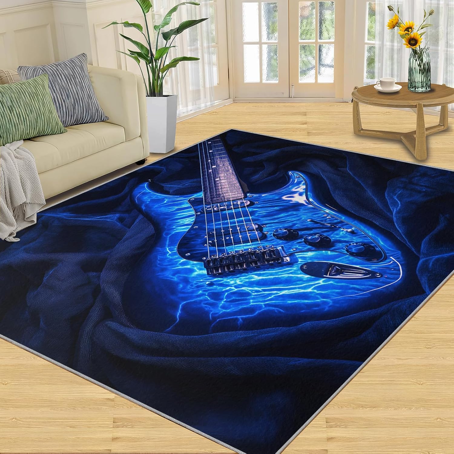 Guitar Rugs for Music Room - Boys Musical Rug, 6x8 Rug, Music Washable Rugs for Living Room Bedroom, Blue Area Rug, Rock and Roll Carpet - Home Decor, Electric Guitars Gifts for Men