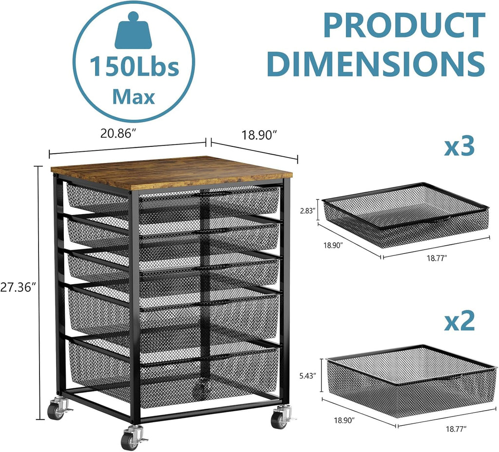 EasyCom 20.8'x18.9' Large Printer Stand with 5 Drawers- Heavy Duty Printer Table with Wheels, Laser Printer Cart for Home Office Living Room Supplies-Rustic Brown (Rustic Brown)