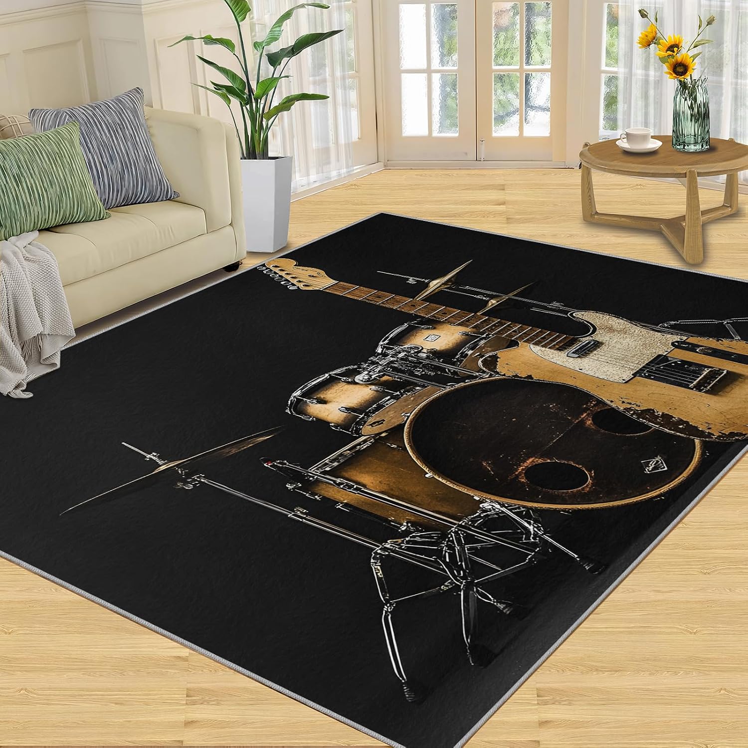 Music Rug 5x7-5x7 Rug, Guitar Area Rugs for Living Room, Drum Set Rugs for Bedroom, Boys Washable Mat, Music Home Decor & Gifts