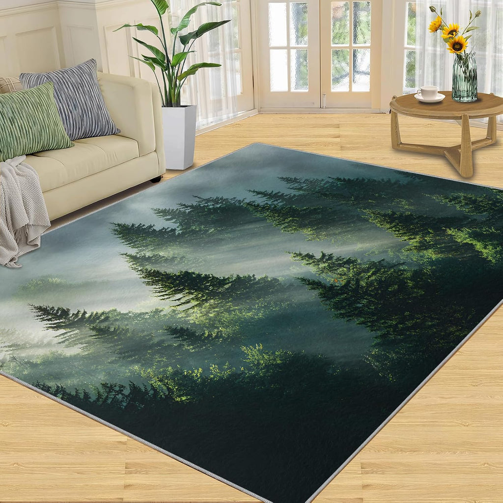 Forest Rugs for Bedroom, Forest Rug 6x8, Natural Scenery Dining Room Rugs Washable & Non Slip Large Carpet for Home Decor