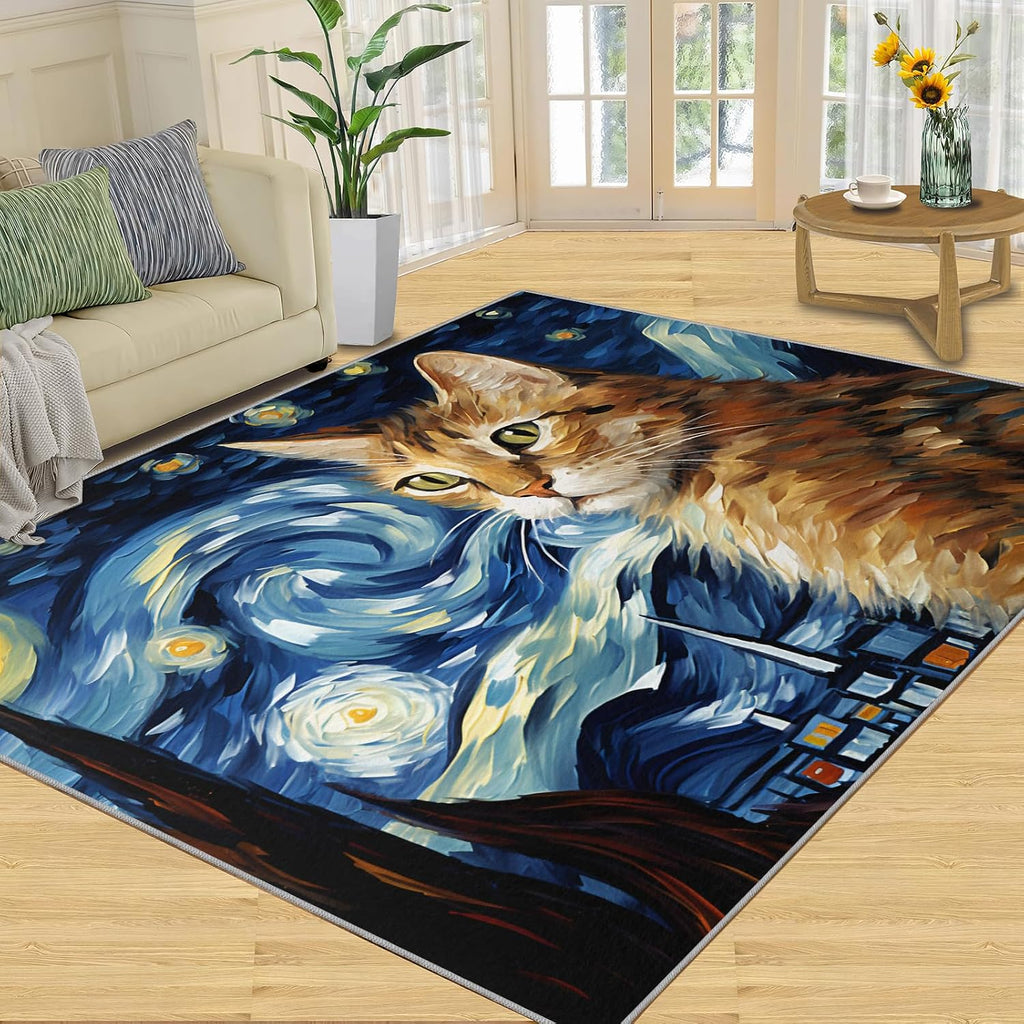 6x8 Area Rug - Starry Sky Orange Cat Large Rugs for Living Room, Post-Impressionist Art Painting Carpet Area Rug for Girls Bedroom Kids Room Basement Office Classroom