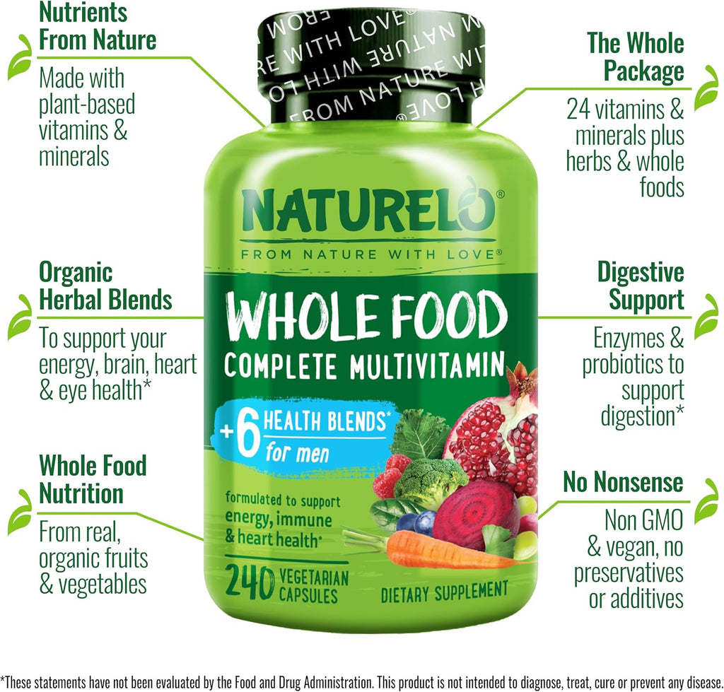 NATURELO Mens Multivitamins - Whole Food Multivitamin for Men with Vitamins, Minerals - 240 Vegetarian Capsules for Energy, Brain, Heart, Eye Health* (Pack of 2)